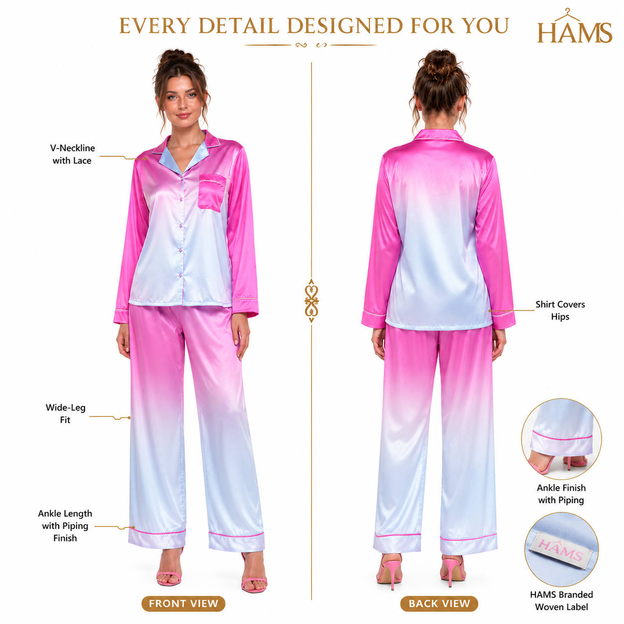 HAMS Women's 3-Piece Satin Pajama Set – Pink Ombre | Long Sleeve Cardigan, Wide-Leg Pants, Elastic Waist, Side Slit, All-Season Loungewear