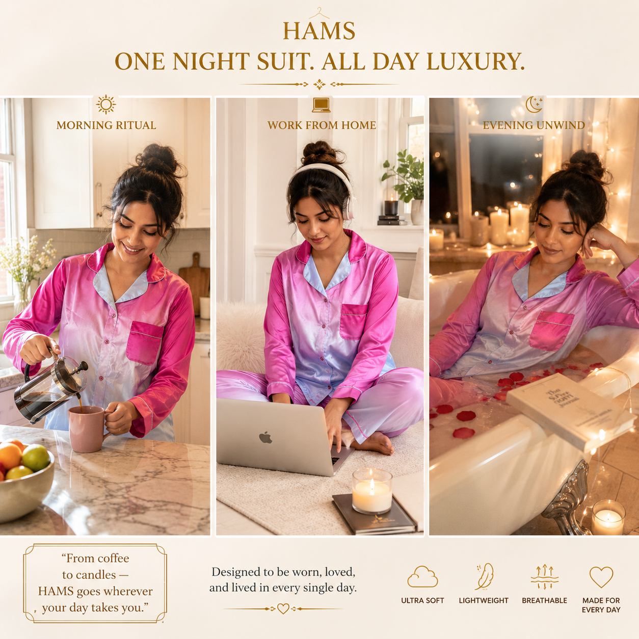 HAMS Women's 3-Piece Satin Pajama Set – Pink Ombre | Long Sleeve Cardigan, Wide-Leg Pants, Elastic Waist, Side Slit, All-Season Loungewear