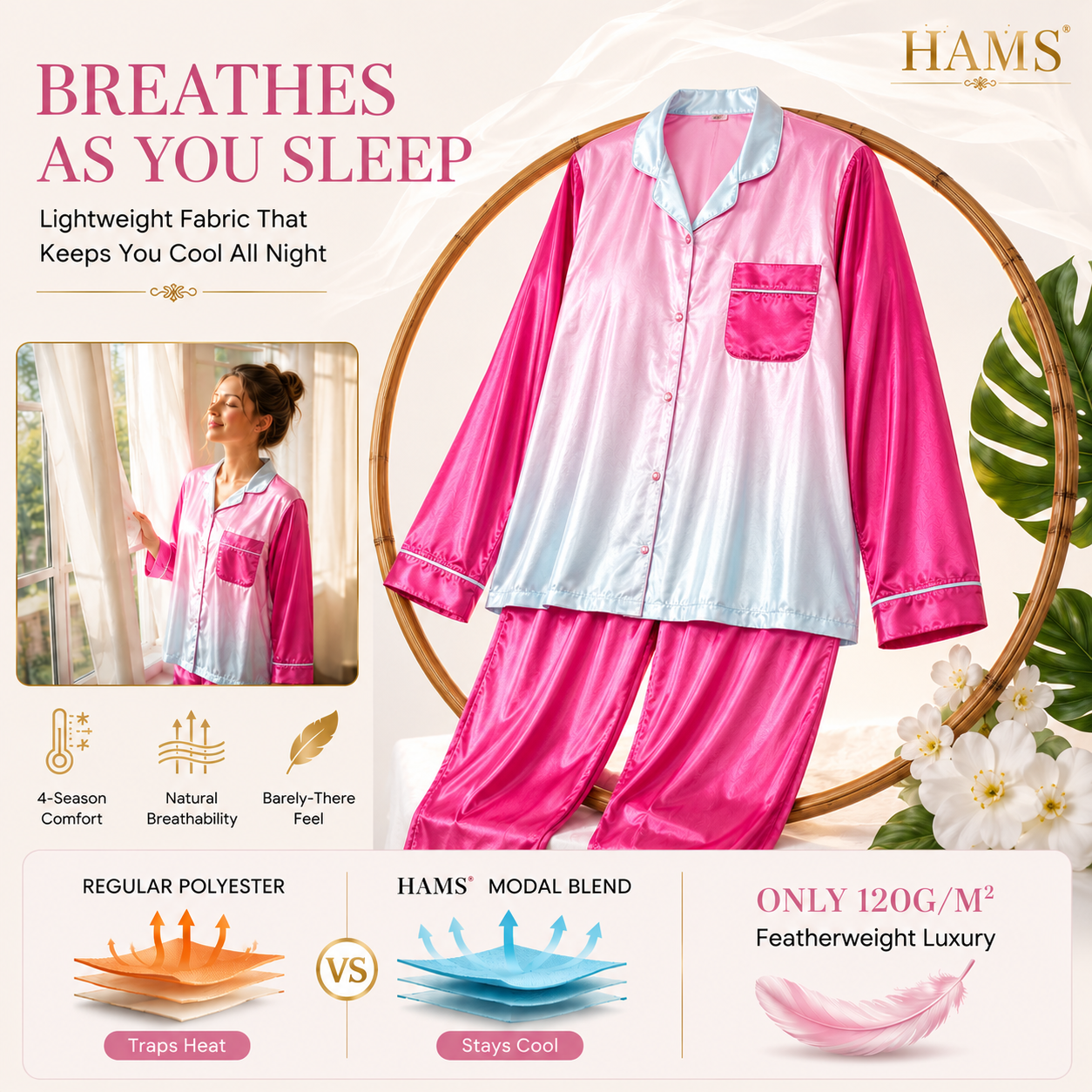 HAMS 3-Piece Satin Pajama Set for Women – Gradient Pink | Long Sleeve Cardigan, Wide-Leg Pants, Elastic Waistband, Side Slit, Suitable for All Seasons