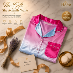 HAMS 3-Piece Satin Pajama Set for Women – Gradient Pink | Long Sleeve Cardigan, Wide-Leg Pants, Elastic Waistband, Side Slit, Suitable for All Seasons