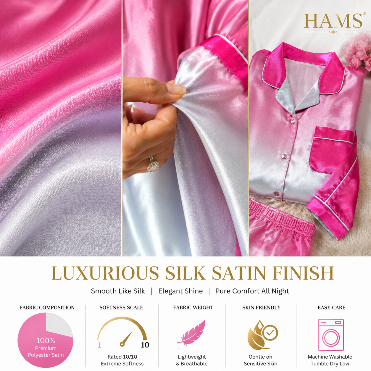 HAMS Women's 3-Piece Satin Pajama Set – Pink Ombre | Long Sleeve Cardigan, Wide-Leg Pants, Elastic Waist, Side Slit, All-Season Loungewear