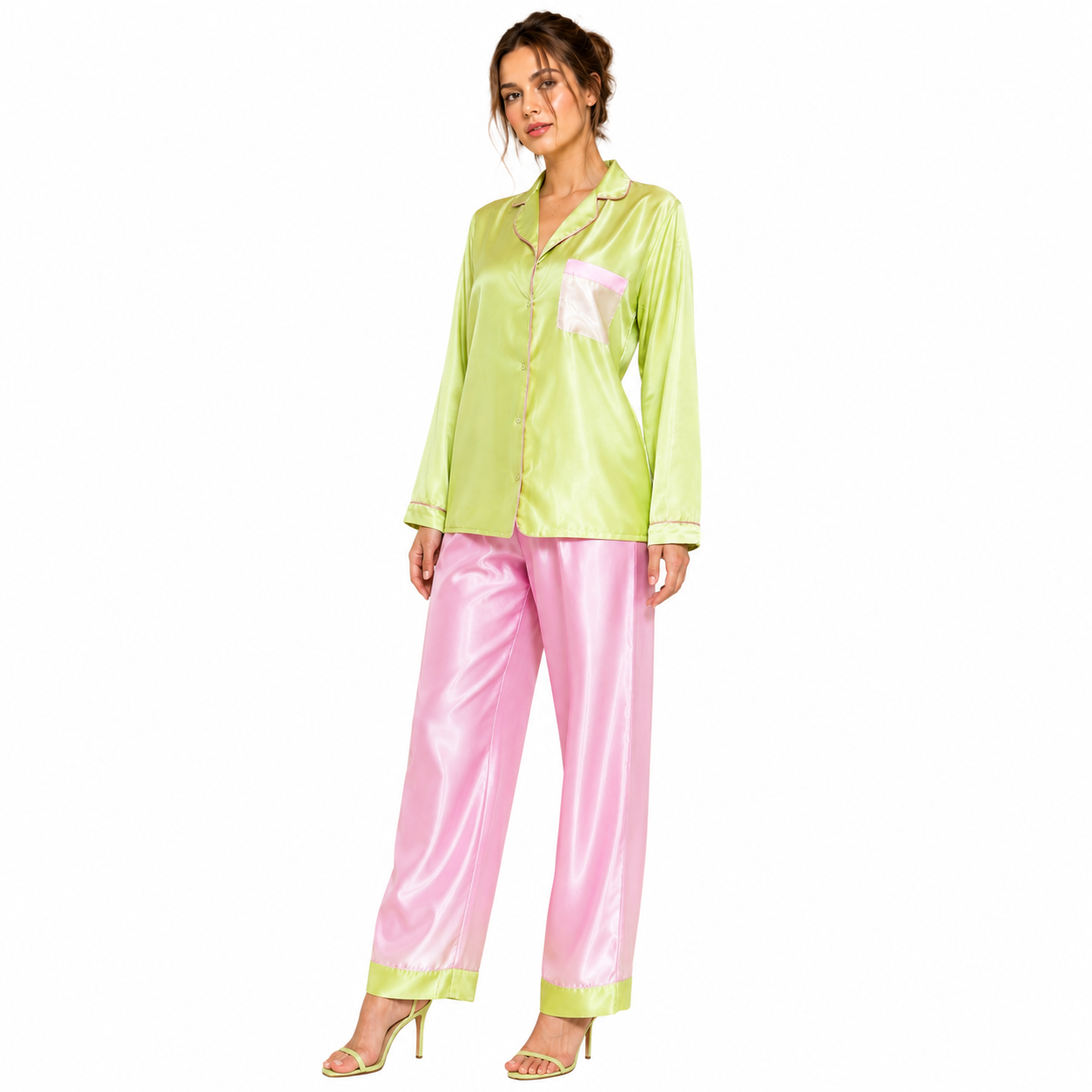 HAMS 3-Piece Satin Pajama Set for Women in Pistachio Green & Pink | Long Sleeve Cardigan, Wide-Leg Pants, Elastic Waist, Side Slit, All-Season Loungewear