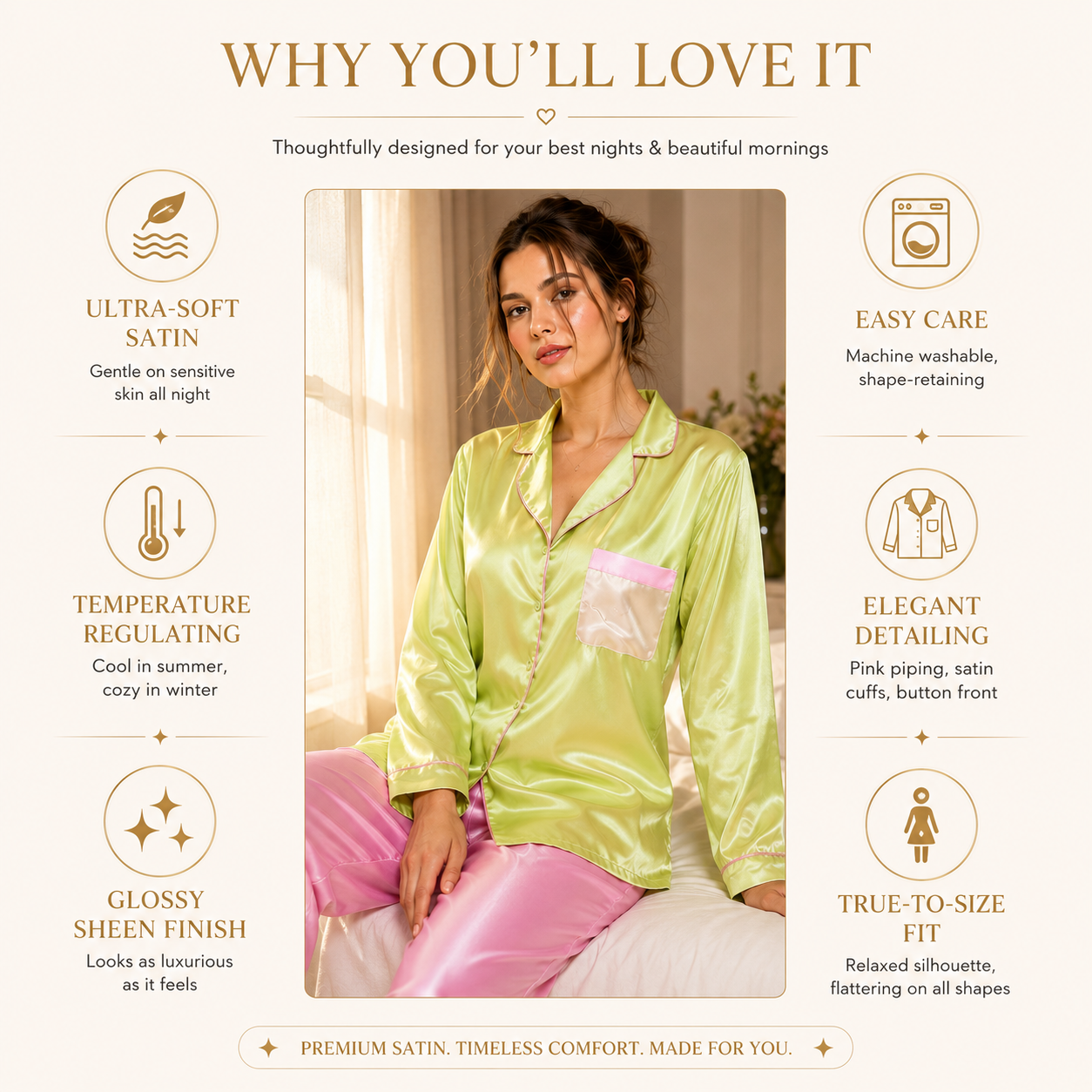 HAMS 3-Piece Satin Pajama Set for Women in Pistachio Green & Pink | Long Sleeve Cardigan, Wide-Leg Pants, Elastic Waist, Side Slit, All-Season Loungewear