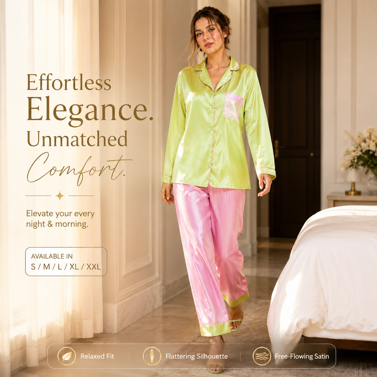 HAMS 3-Piece Satin Pajama Set for Women in Pistachio Green & Pink | Long Sleeve Cardigan, Wide-Leg Pants, Elastic Waist, Side Slit, All-Season Loungewear