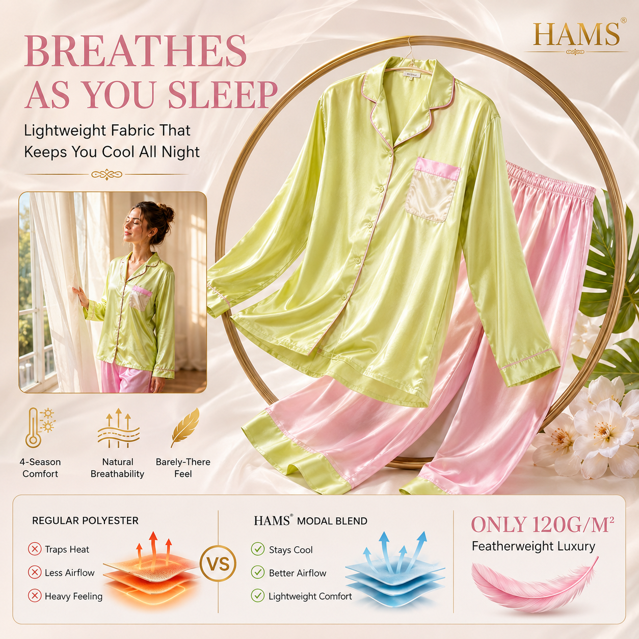 HAMS 3-Piece Satin Pajama Set for Women in Pistachio Green & Pink | Long Sleeve Cardigan, Wide-Leg Pants, Elastic Waist, Side Slit, All-Season Loungewear