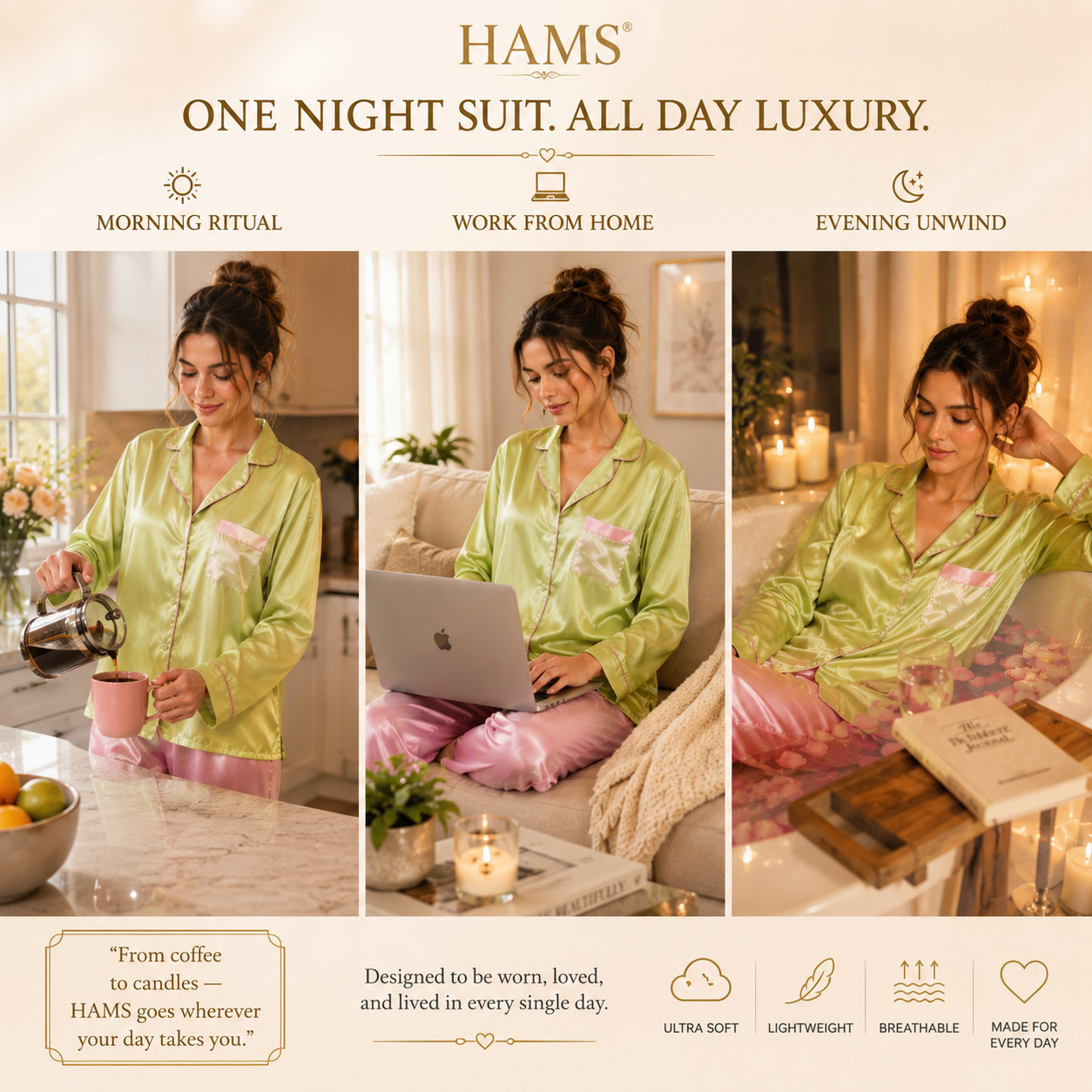 HAMS 3-Piece Satin Pajama Set for Women in Pistachio Green & Pink | Long Sleeve Cardigan, Wide-Leg Pants, Elastic Waist, Side Slit, All-Season Loungewear