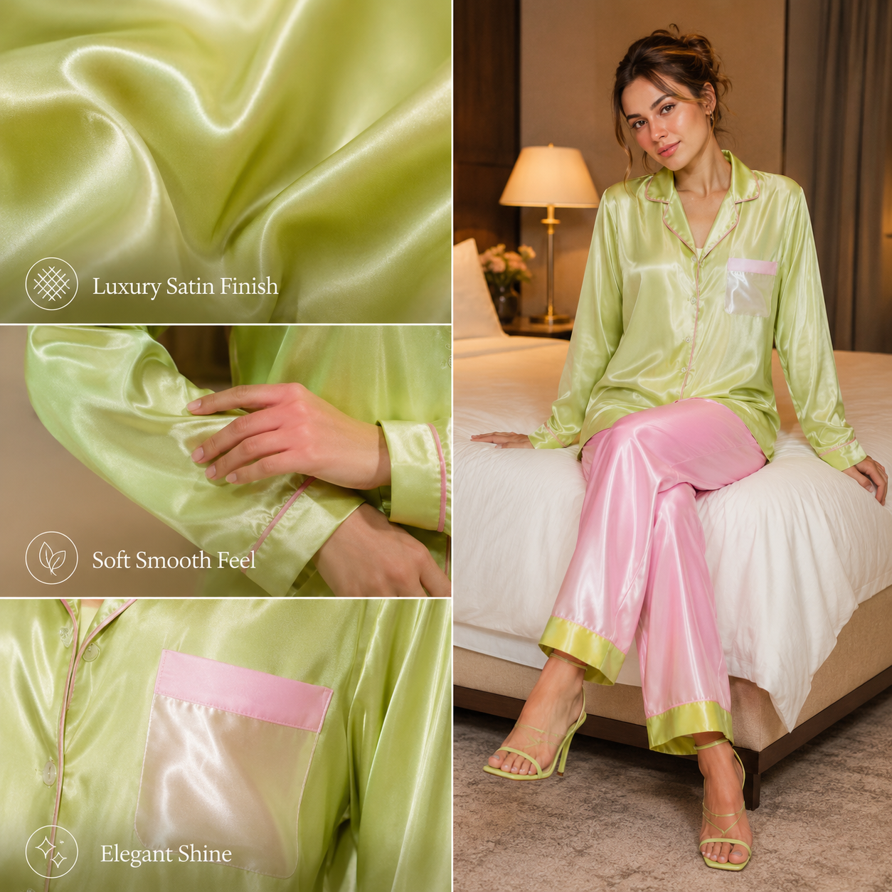 HAMS 3-Piece Satin Pajama Set for Women in Pistachio Green & Pink | Long Sleeve Cardigan, Wide-Leg Pants, Elastic Waist, Side Slit, All-Season Loungewear