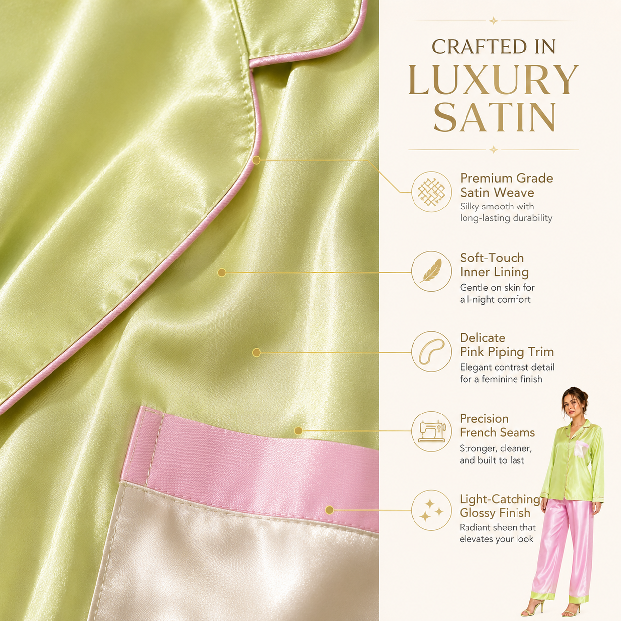 HAMS 3-Piece Satin Pajama Set for Women in Pistachio Green & Pink | Long Sleeve Cardigan, Wide-Leg Pants, Elastic Waist, Side Slit, All-Season Loungewear
