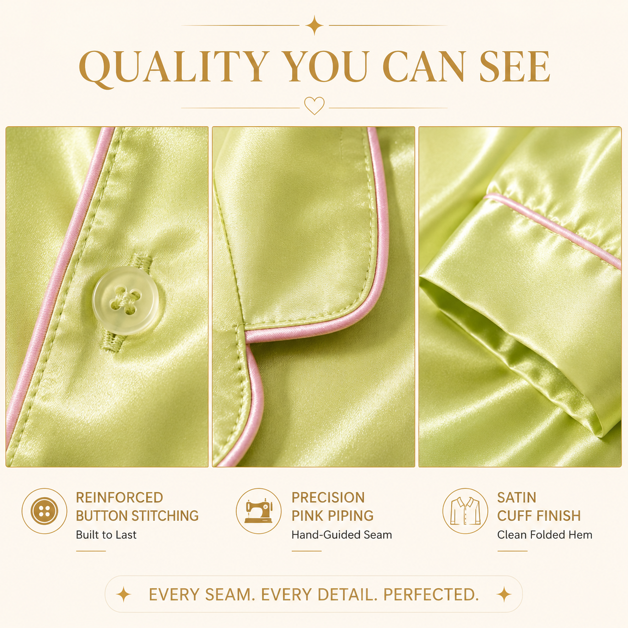HAMS 3-Piece Satin Pajama Set for Women in Pistachio Green & Pink | Long Sleeve Cardigan, Wide-Leg Pants, Elastic Waist, Side Slit, All-Season Loungewear