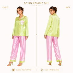 HAMS 3-Piece Satin Pajama Set for Women in Pistachio Green & Pink | Long Sleeve Cardigan, Wide-Leg Pants, Elastic Waist, Side Slit, All-Season Loungewear