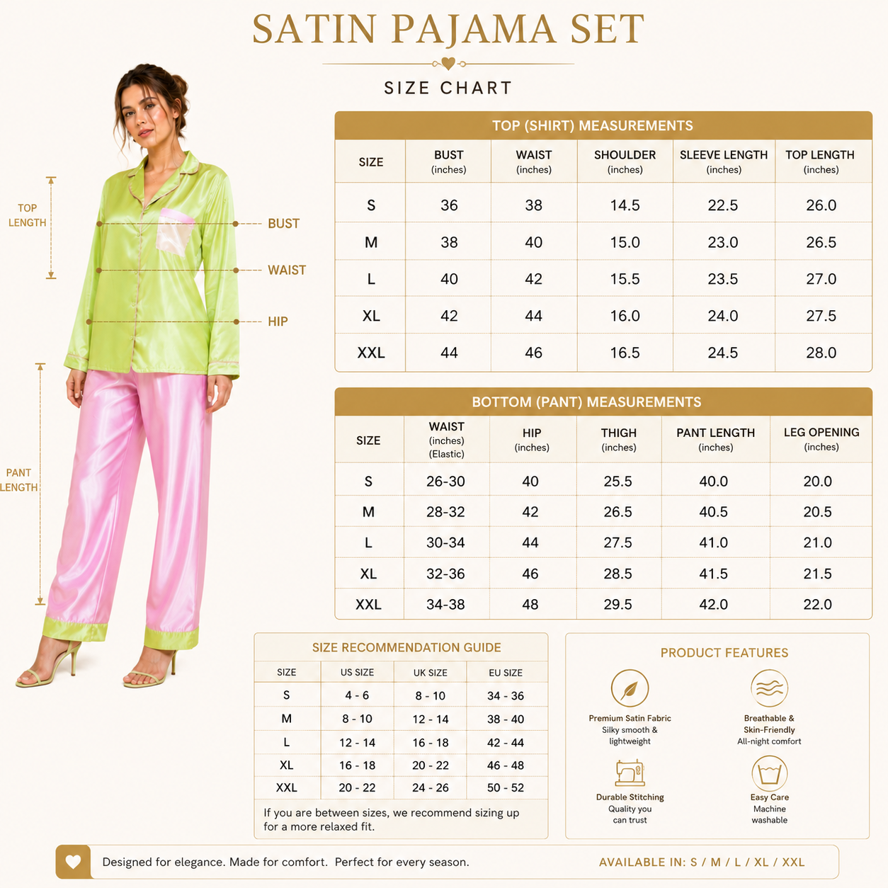 HAMS 3-Piece Satin Pajama Set for Women in Pistachio Green & Pink | Long Sleeve Cardigan, Wide-Leg Pants, Elastic Waist, Side Slit, All-Season Loungewear