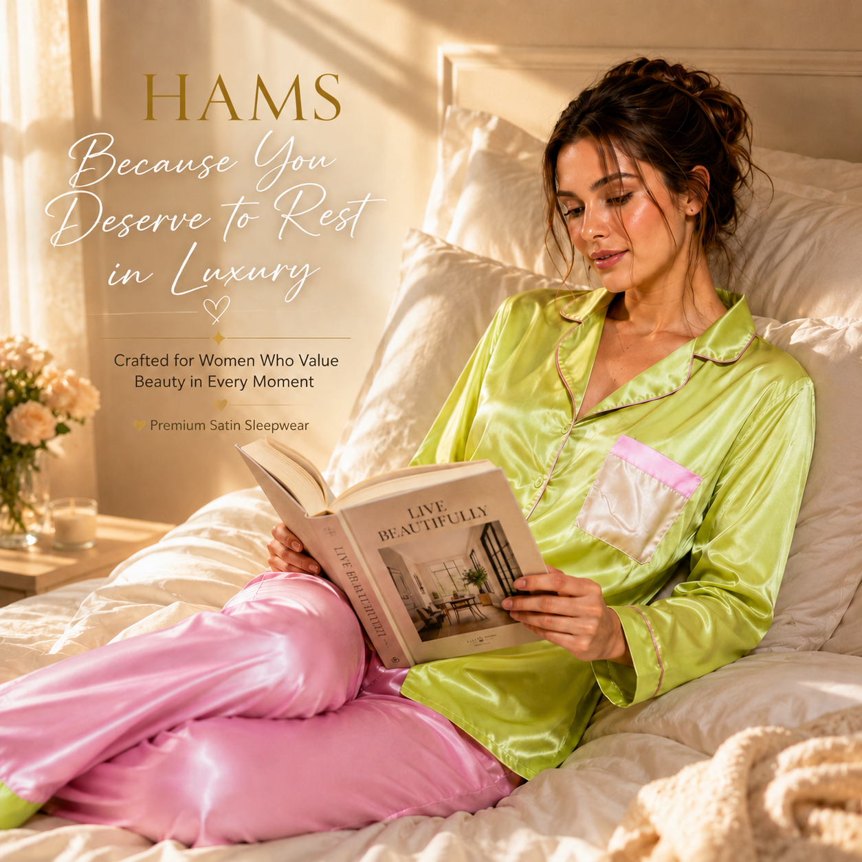 HAMS 3-Piece Satin Pajama Set for Women in Pistachio Green & Pink | Long Sleeve Cardigan, Wide-Leg Pants, Elastic Waist, Side Slit, All-Season Loungewear