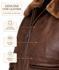 HAMS Men's Genuine Cow Leather Shearling Collar Bomber Jacket – Premium Vintage Brown Winter Leather Flight Jacket with Soft Warm Lining