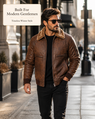 HAMS Men's Genuine Cow Leather Shearling Collar Bomber Jacket – Premium Vintage Brown Winter Leather Flight Jacket with Soft Warm Lining