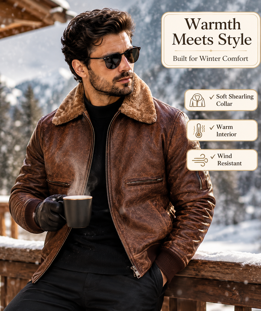 Men’s Vintage Brown Genuine Cow Leather Bomber Jacket with Shearling Collar