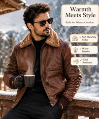 HAMS Men's Genuine Cow Leather Shearling Collar Bomber Jacket – Premium Vintage Brown Winter Leather Flight Jacket with Soft Warm Lining
