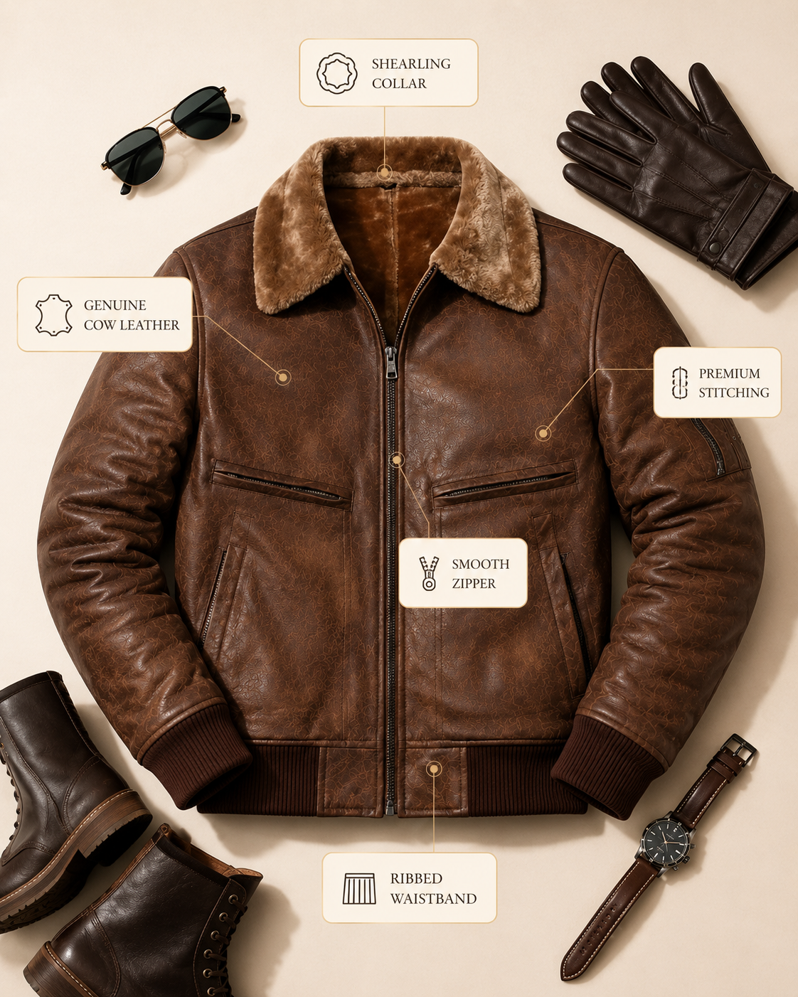 HAMS Men's Genuine Cow Leather Shearling Collar Bomber Jacket – Premium Vintage Brown Winter Leather Flight Jacket with Soft Warm Lining