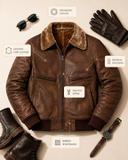 Men’s Vintage Brown Genuine Cow Leather Bomber Jacket with Shearling Collar