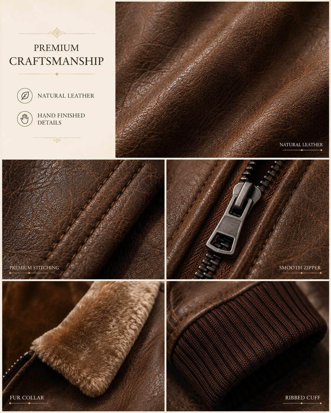 HAMS Men's Genuine Cow Leather Shearling Collar Bomber Jacket – Premium Vintage Brown Winter Leather Flight Jacket with Soft Warm Lining