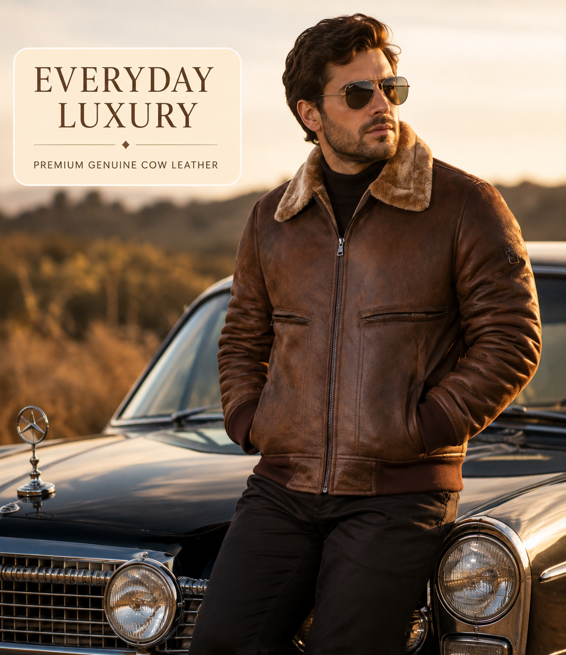 HAMS Men's Genuine Cow Leather Shearling Collar Bomber Jacket – Premium Vintage Brown Winter Leather Flight Jacket with Soft Warm Lining