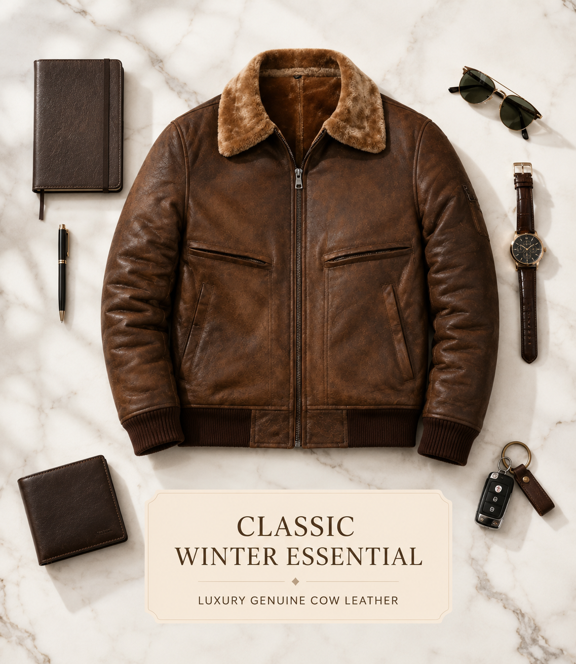 HAMS Men's Genuine Cow Leather Shearling Collar Bomber Jacket – Premium Vintage Brown Winter Leather Flight Jacket with Soft Warm Lining