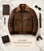 Men’s Vintage Brown Genuine Cow Leather Bomber Jacket with Shearling Collar