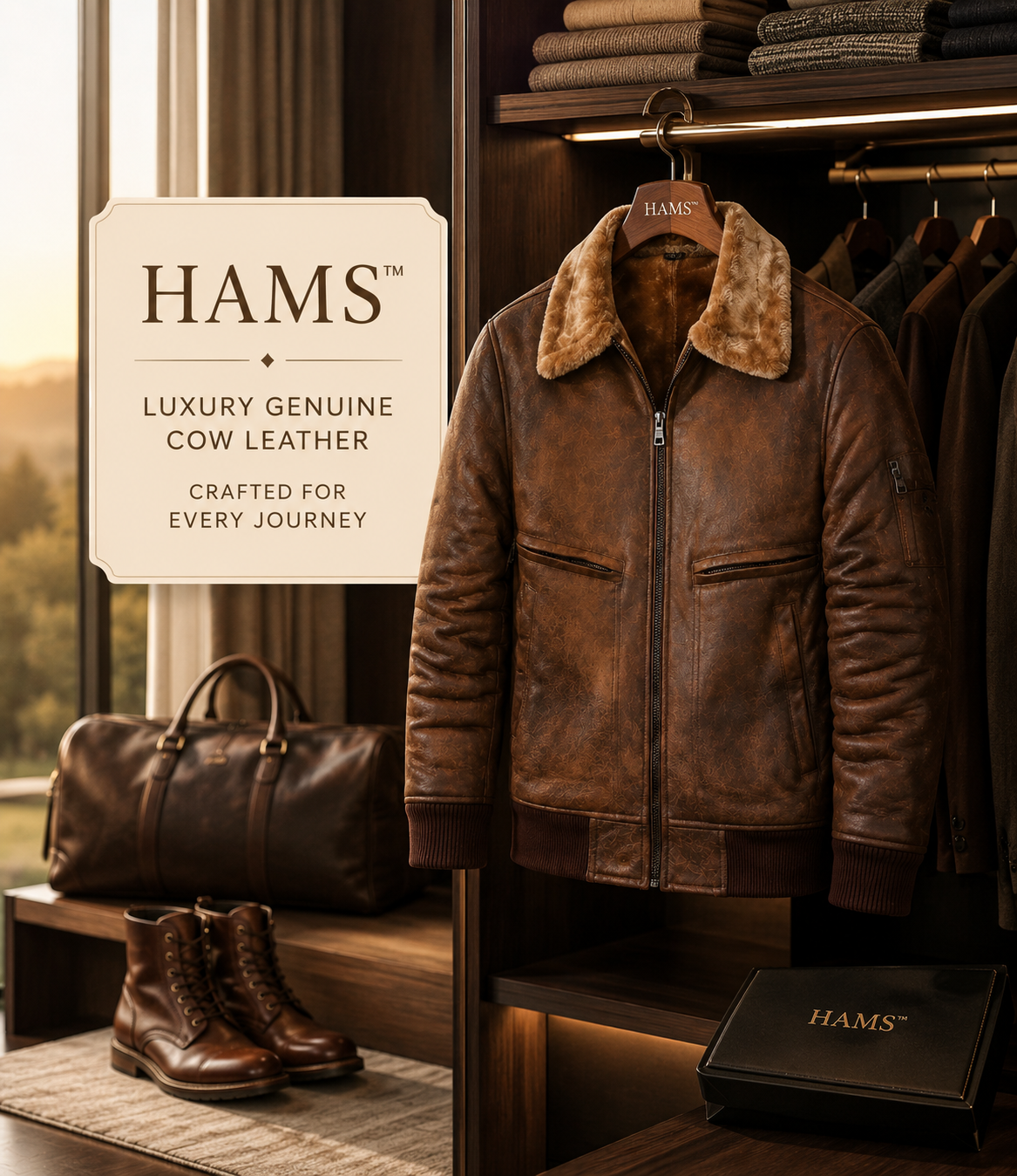 HAMS Men's Genuine Cow Leather Shearling Collar Bomber Jacket – Premium Vintage Brown Winter Leather Flight Jacket with Soft Warm Lining