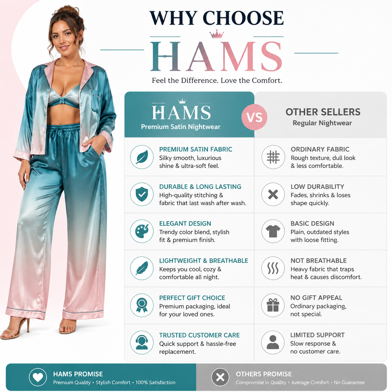 HAMS Satin Pajama Set for Women – 3 Pieces, Ocean Blue and Pink | Long Sleeve Cardigan, Wide-Leg Pants, Elastic Waist, Side Slit, Suitable for All Seasons.