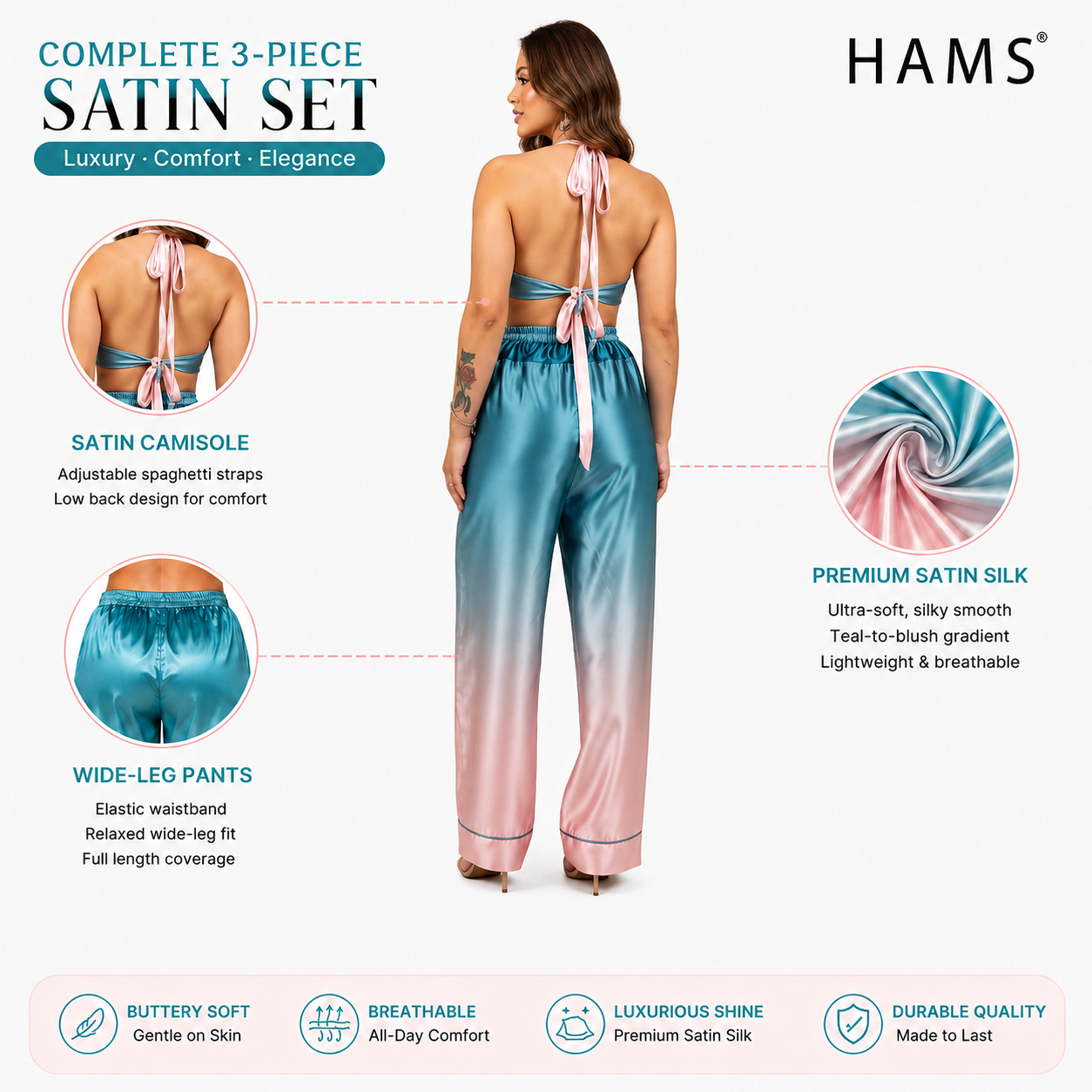 HAMS Satin Pajama Set for Women – 3 Pieces, Ocean Blue and Pink | Long Sleeve Cardigan, Wide-Leg Pants, Elastic Waist, Side Slit, Suitable for All Seasons.