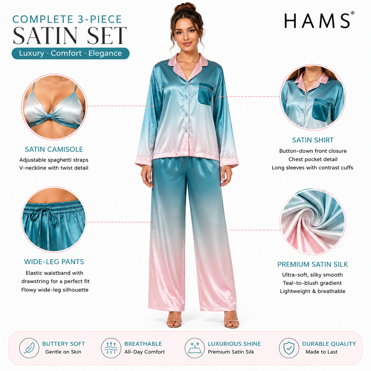 HAMS Satin Pajama Set for Women – 3 Pieces, Ocean Blue and Pink | Long Sleeve Cardigan, Wide-Leg Pants, Elastic Waist, Side Slit, Suitable for All Seasons.