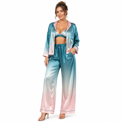 HAMS Satin Pajama Set for Women – 3 Pieces, Ocean Blue and Pink | Long Sleeve Cardigan, Wide-Leg Pants, Elastic Waist, Side Slit, Suitable for All Seasons.