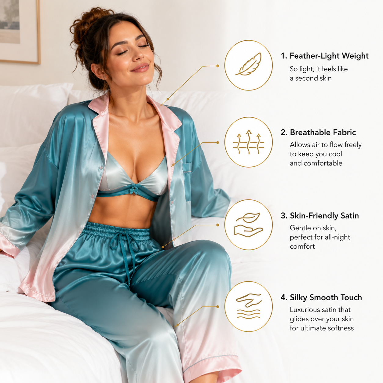 HAMS Satin Pajama Set for Women – 3 Pieces, Ocean Blue and Pink | Long Sleeve Cardigan, Wide-Leg Pants, Elastic Waist, Side Slit, Suitable for All Seasons.