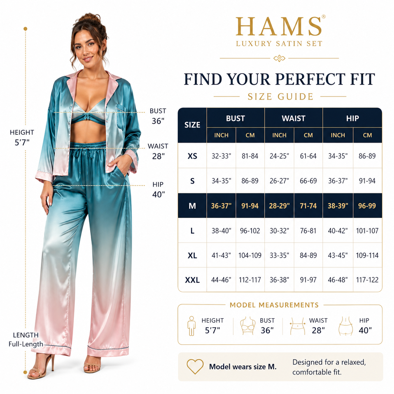 HAMS Satin Pajama Set for Women – 3 Pieces, Ocean Blue and Pink | Long Sleeve Cardigan, Wide-Leg Pants, Elastic Waist, Side Slit, Suitable for All Seasons.