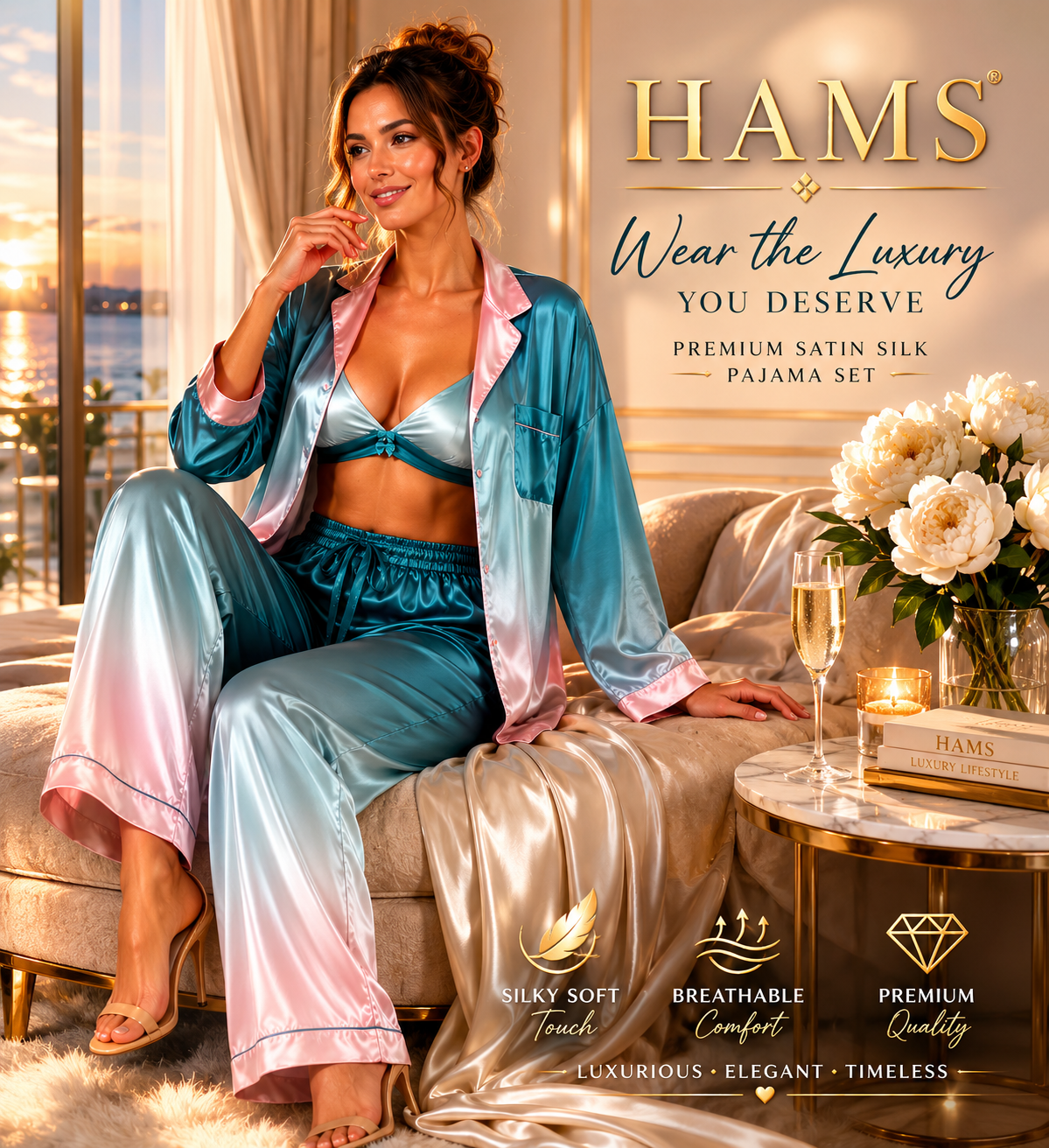 HAMS Satin Pajama Set for Women – 3 Pieces, Ocean Blue and Pink | Long Sleeve Cardigan, Wide-Leg Pants, Elastic Waist, Side Slit, Suitable for All Seasons.