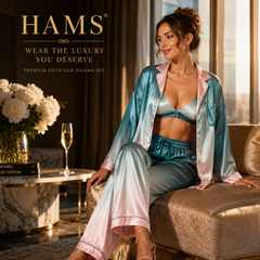 HAMS 3-Piece Satin Pajama Set for Women – Ocean Blue & Pink | Long Sleeve Cardigan, Wide-Leg Pants, Elastic Waistband, Side Slit, Suitable for All Seasons