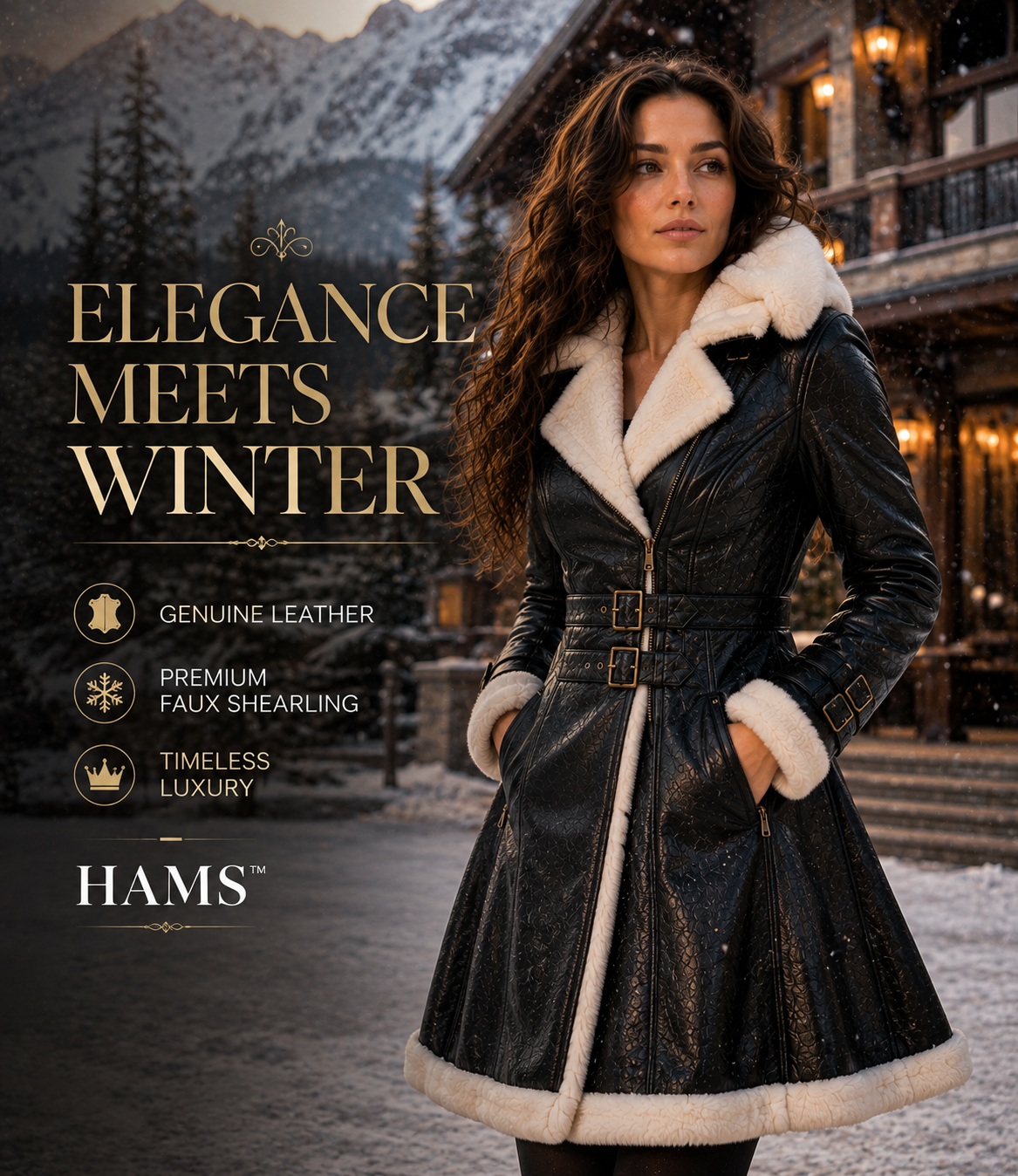A woman wearing a Hams winter coat stands in a snowy mountain village setting. The coat is made of black leather with thick cream faux shearling lining on the collar, cuffs, and hem, and features a matching black belt with gold-tone buckle details.