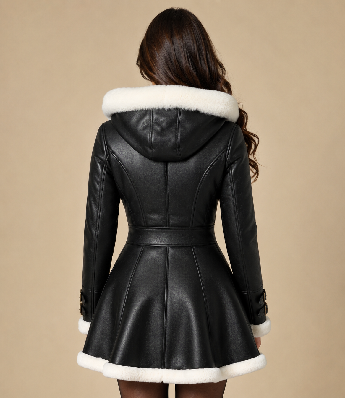 A woman shown from the back wearing a black faux-leather hooded coat with white faux-fur trim on the hood, cuffs, and hem, against a solid beige background.