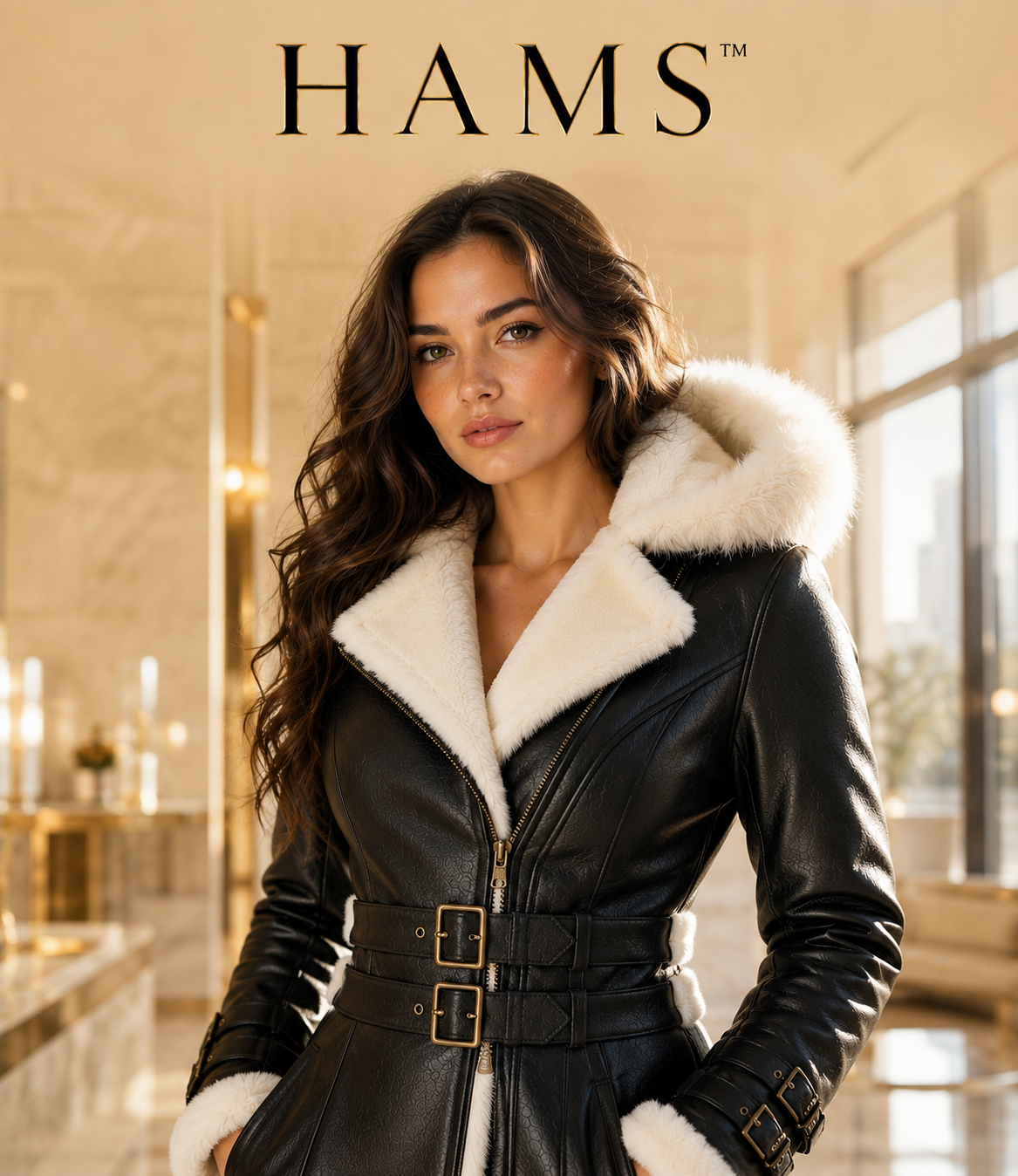 A woman wearing a black leather HAMS coat with a white shearling-style collar and belted waist, standing in a warm, upscale interior. The HAMS brand name is displayed at the top of the image.