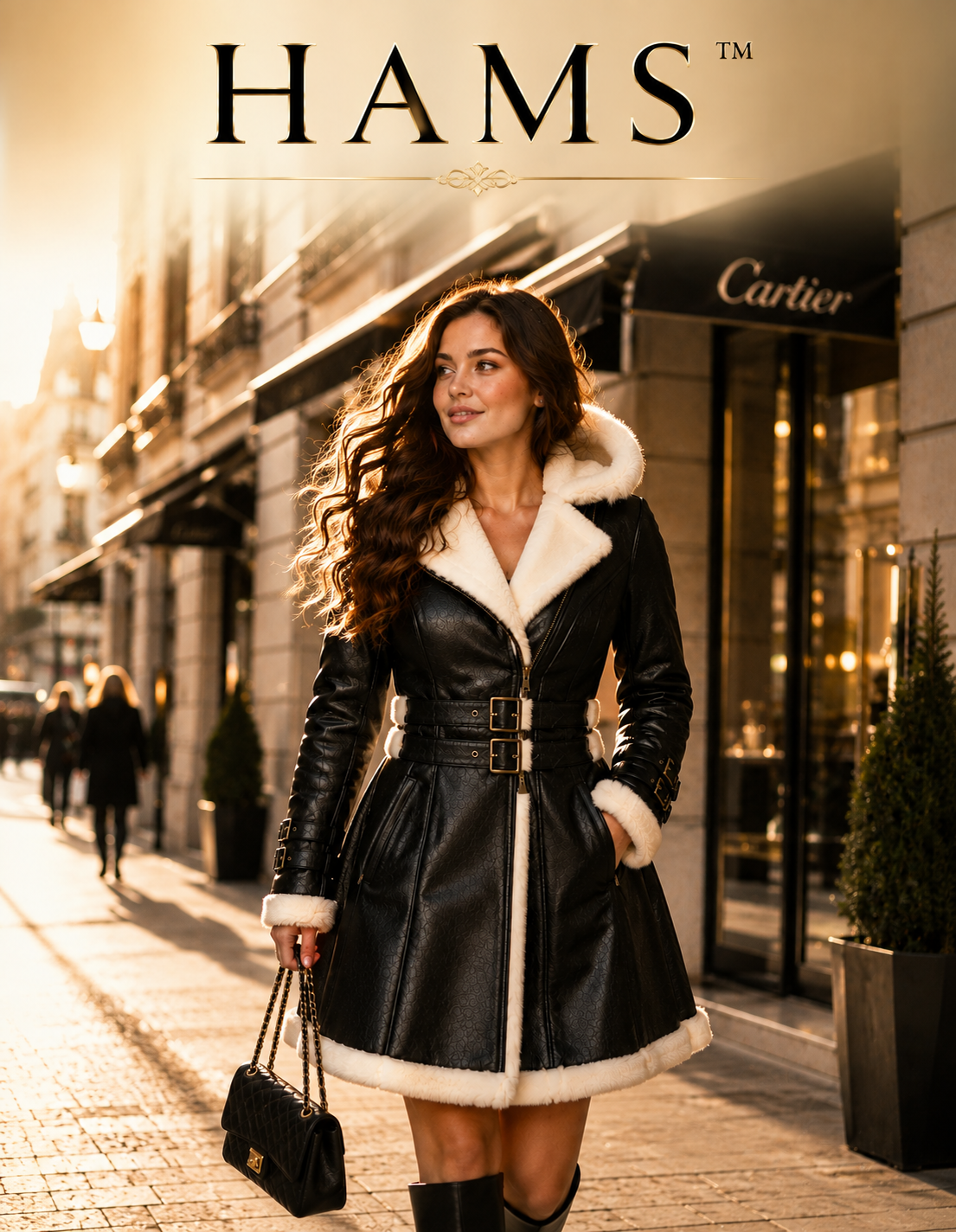 A woman wearing a black faux-leather HAMS coat with white shearling lining walks down a city street. The HAMS logo is displayed at the top, and a Cartier storefront is visible in the background.