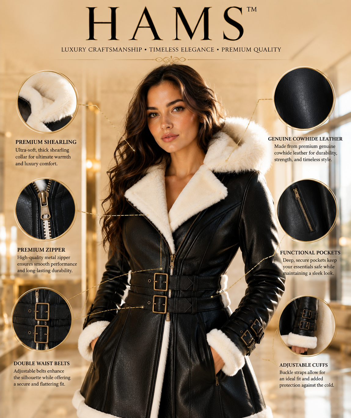 A woman wearing a black leather HAMS coat with white shearling lining stands against a warm, softly lit background. The image includes callout circles and text highlighting features such as premium shearling, genuine cowhide leather, zipper, pockets, waist belts, and adjustable cuffs.