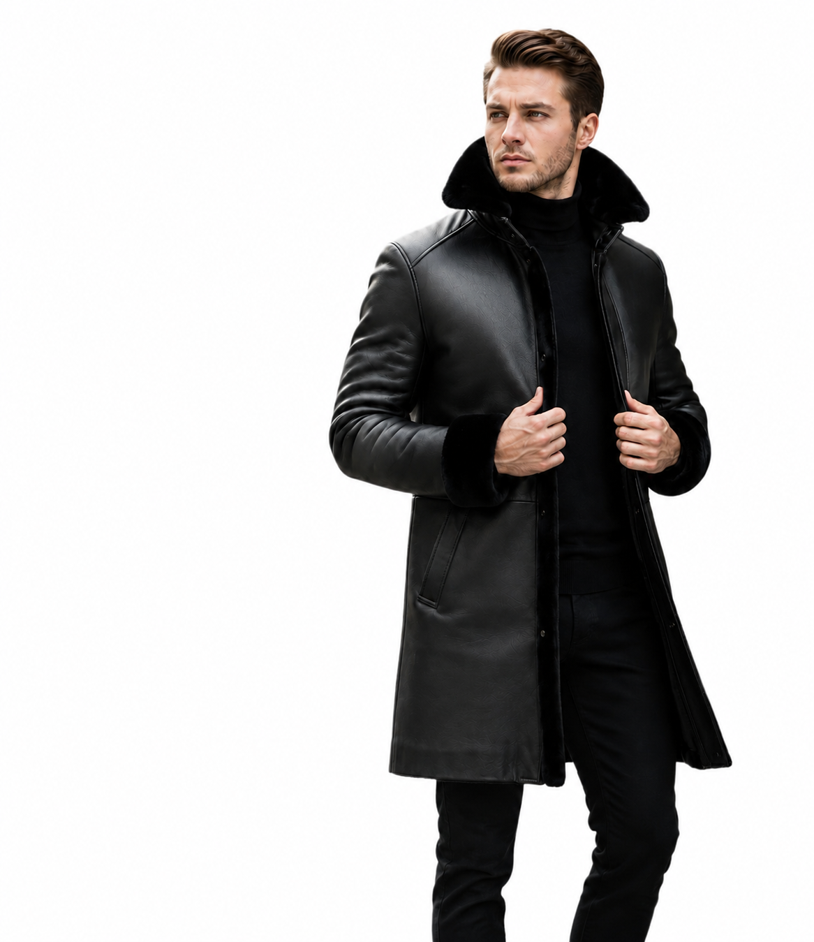 Genuine Cowhide Leather Shearling Coat for Men | Luxury Full Grain Leather Winter Jacket | Fur Collar Leather Overcoat | Handmade Cold Weather Coat