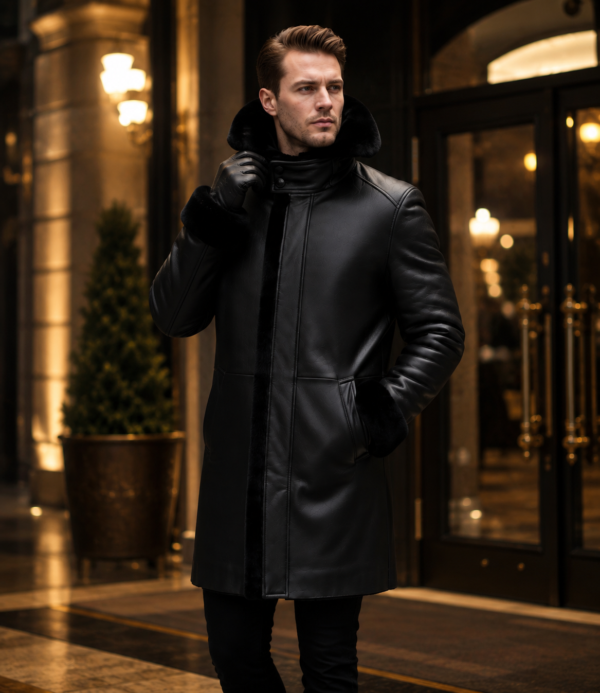 Genuine Cowhide Leather Shearling Coat for Men | Luxury Full Grain Leather Winter Jacket | Fur Collar Leather Overcoat | Handmade Cold Weather Coat