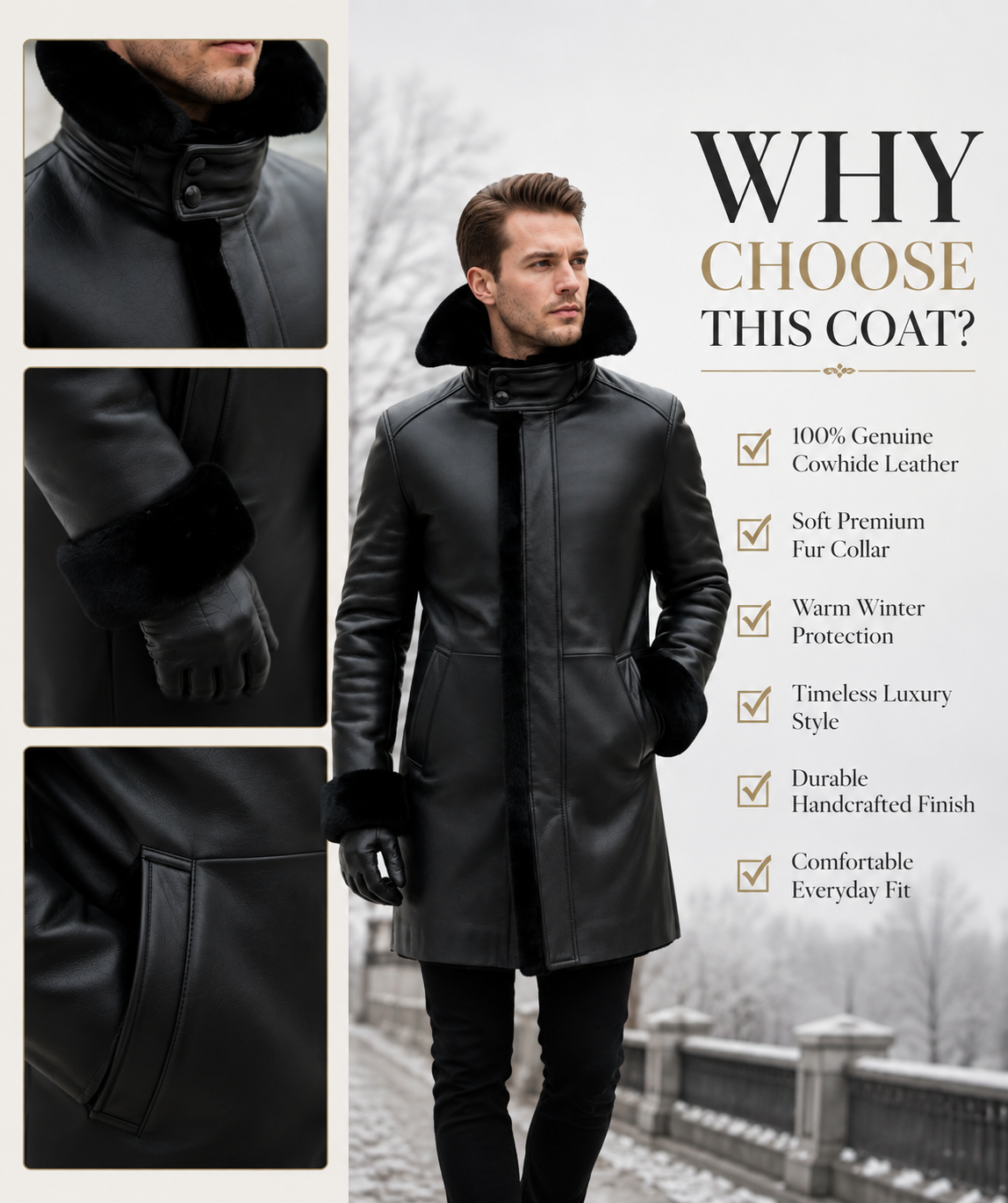 Genuine Cowhide Leather Shearling Coat for Men | Luxury Full Grain Leather Winter Jacket | Fur Collar Leather Overcoat | Handmade Cold Weather Coat