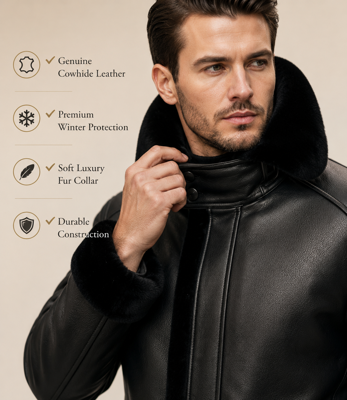 Genuine Cowhide Leather Shearling Coat for Men | Luxury Full Grain Leather Winter Jacket | Fur Collar Leather Overcoat | Handmade Cold Weather Coat