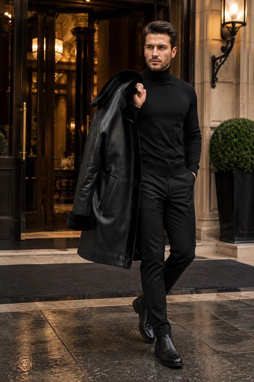 Genuine Cowhide Leather Shearling Coat for Men | Luxury Full Grain Leather Winter Jacket | Fur Collar Leather Overcoat | Handmade Cold Weather Coat