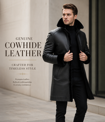 Genuine Cowhide Leather Shearling Coat for Men | Luxury Full Grain Leather Winter Jacket | Fur Collar Leather Overcoat | Handmade Cold Weather Coat