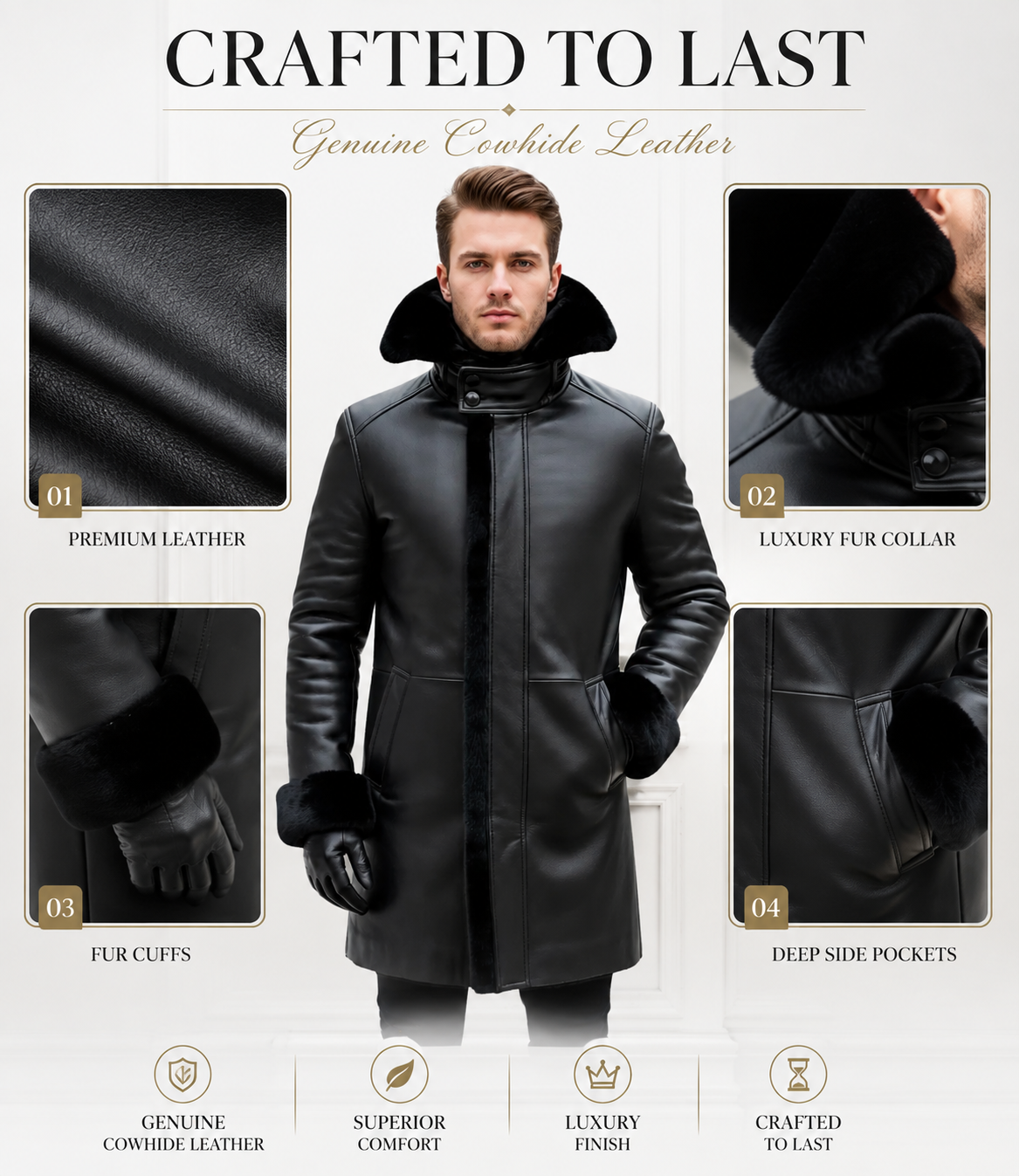 Genuine Cowhide Leather Shearling Coat for Men | Luxury Full Grain Leather Winter Jacket | Fur Collar Leather Overcoat | Handmade Cold Weather Coat
