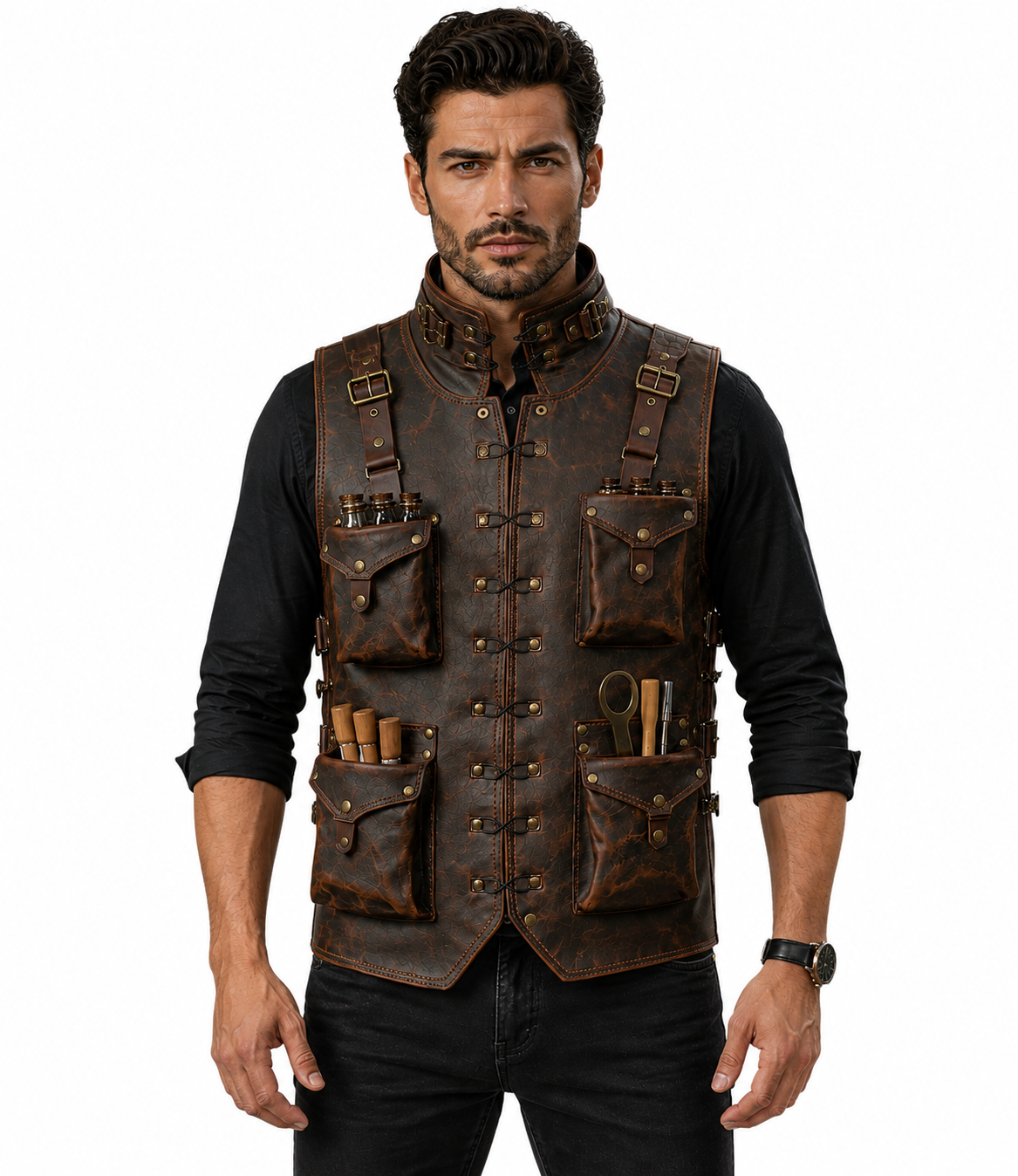 Handmade Full Grain Leather Utility Vest | Men's Work Tool Vest for Carpenter, Woodworker, Photographer, Motorcycle, Hiking, Camping & EDC Gear