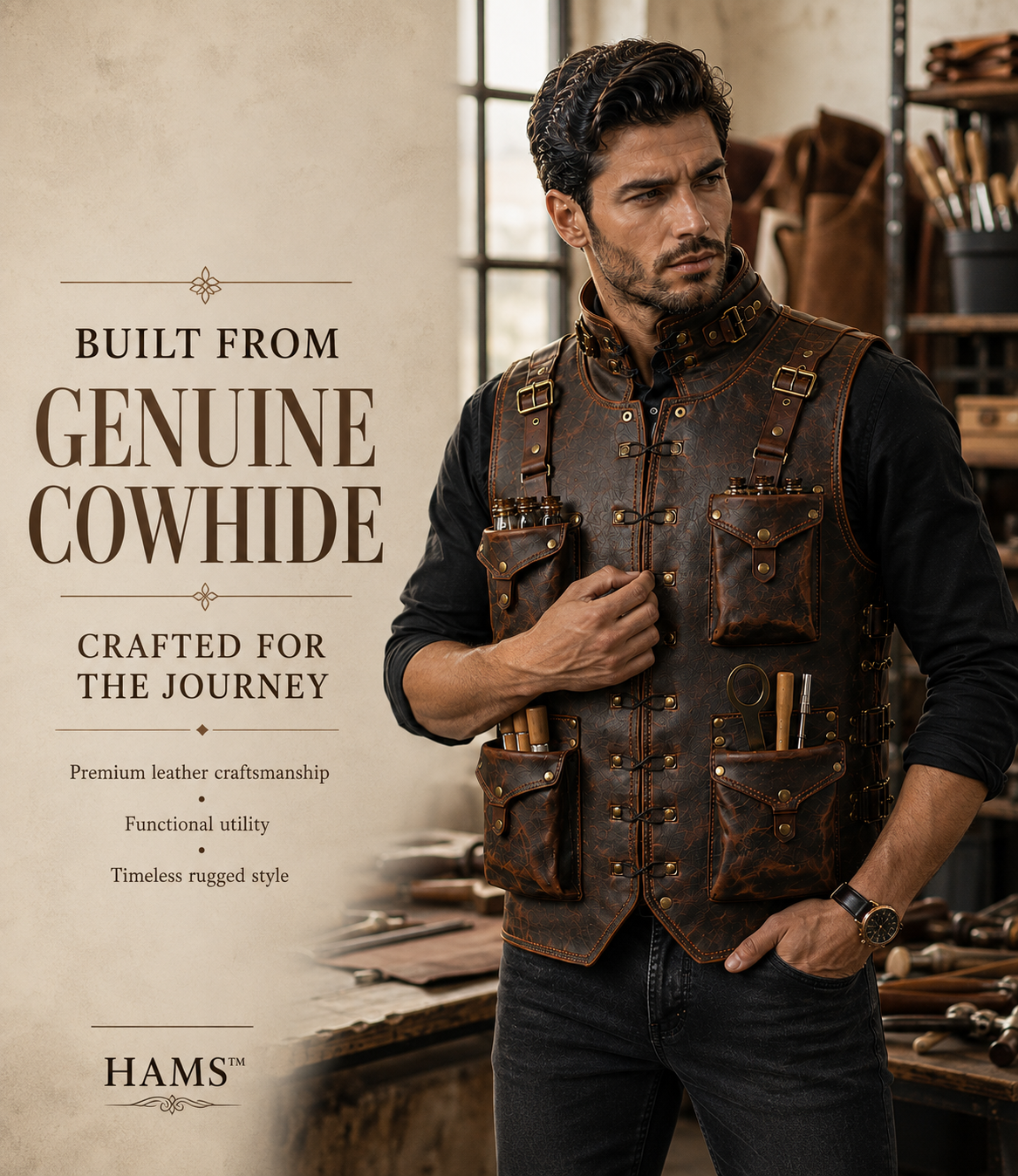 Handmade Full Grain Leather Utility Vest | Men's Work Tool Vest for Carpenter, Woodworker, Photographer, Motorcycle, Hiking, Camping & EDC Gear