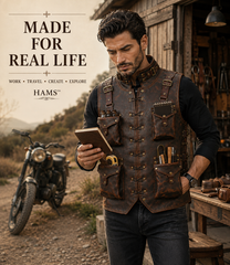 Handmade Full Grain Leather Utility Vest | Men's Work Tool Vest for Carpenter, Woodworker, Photographer, Motorcycle, Hiking, Camping & EDC Gear